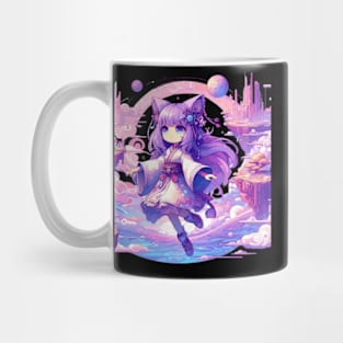 Otaku Cat Girl with Kimono in Magical Landscape. Mug